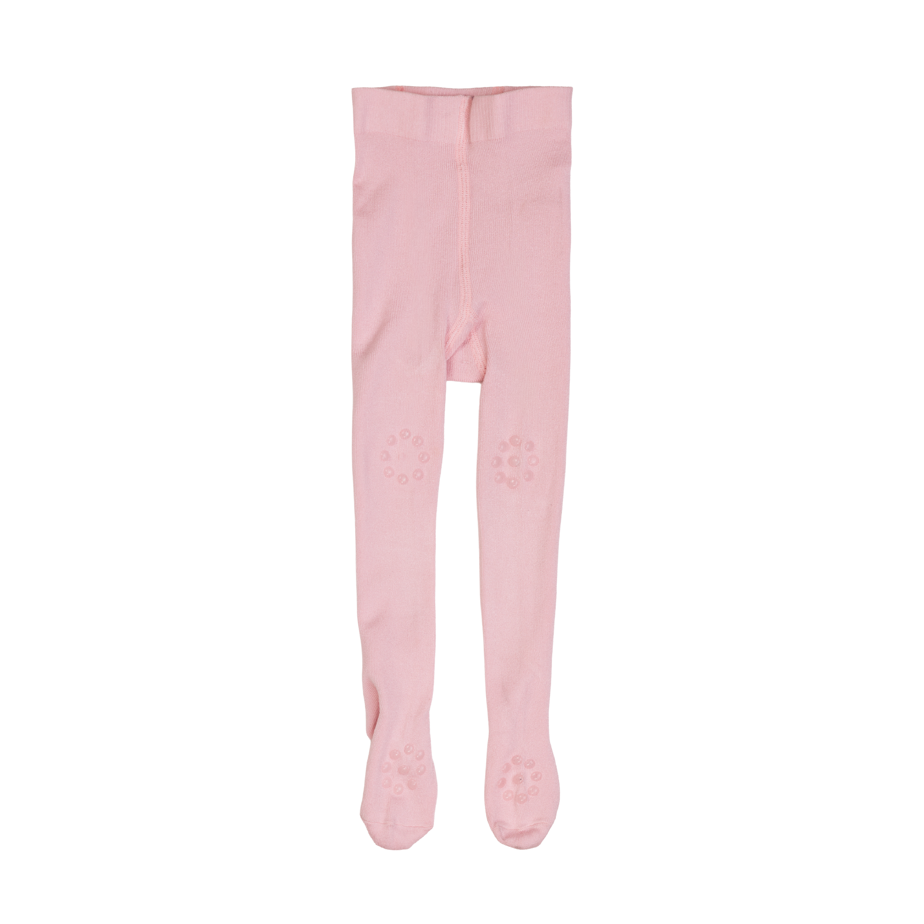 Lys rosa babystrømpebukse med antiskli på knærne og under føttene, forfra.