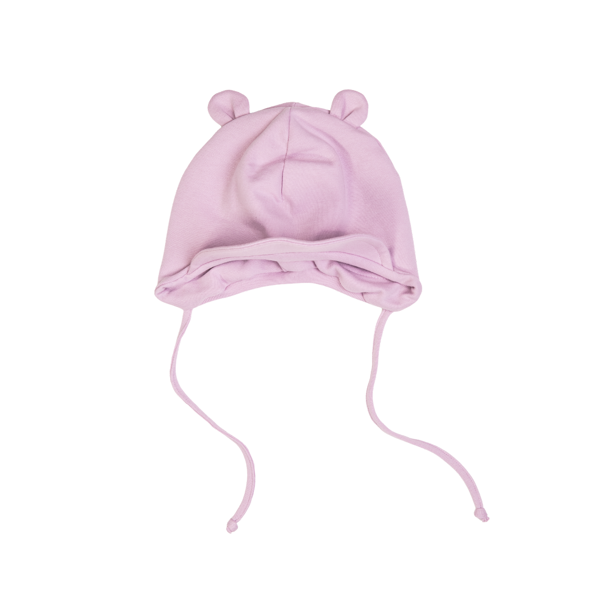 Lys lilla babyhette med bjørneører og knytebånd, forfra.