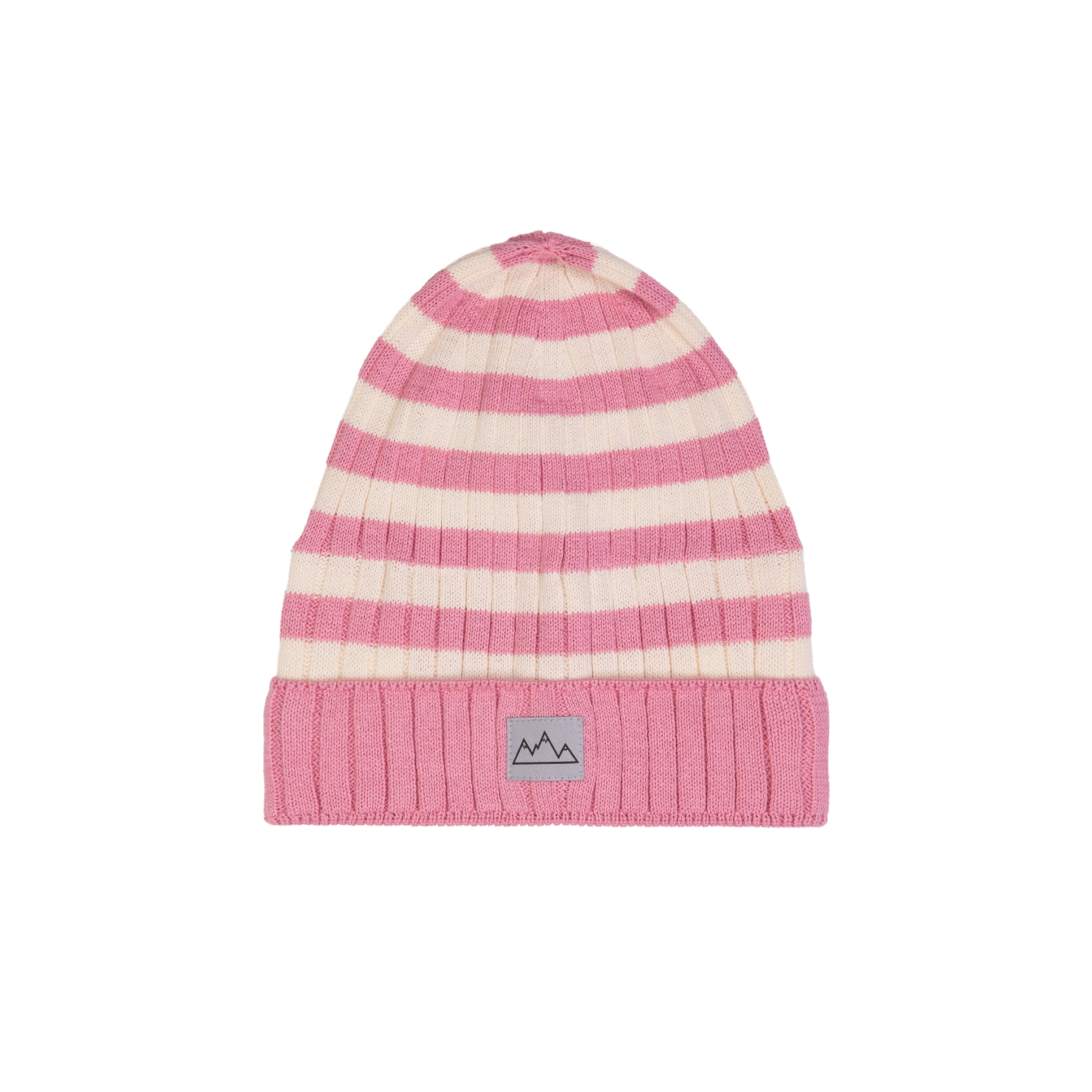 Rosa og hvitstripet ribbestrikket lue med et fjelllogo-merke foran.