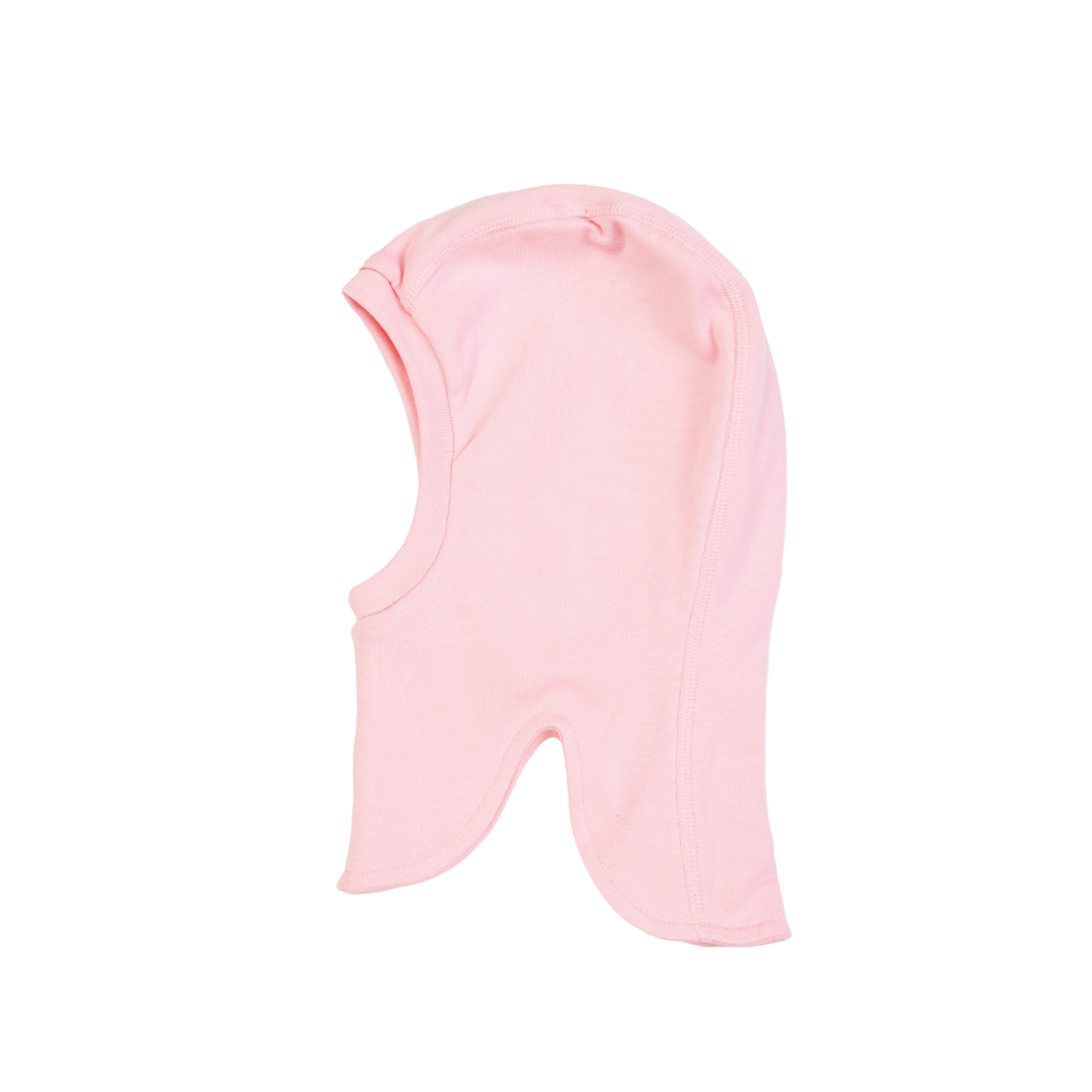 Lys rosa balaklava i bomullsjersey for baby eller barn med ansiktsåpning, sett forfra.