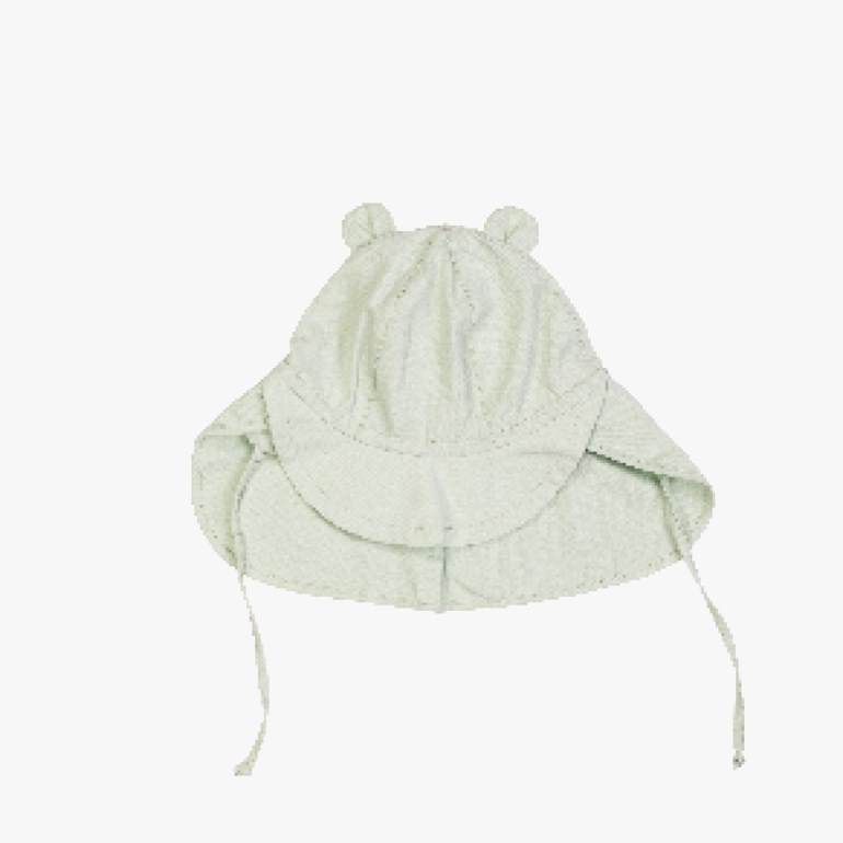 Lys grønn baby solhatt med øredetaljer, bred brem og knytebånd.