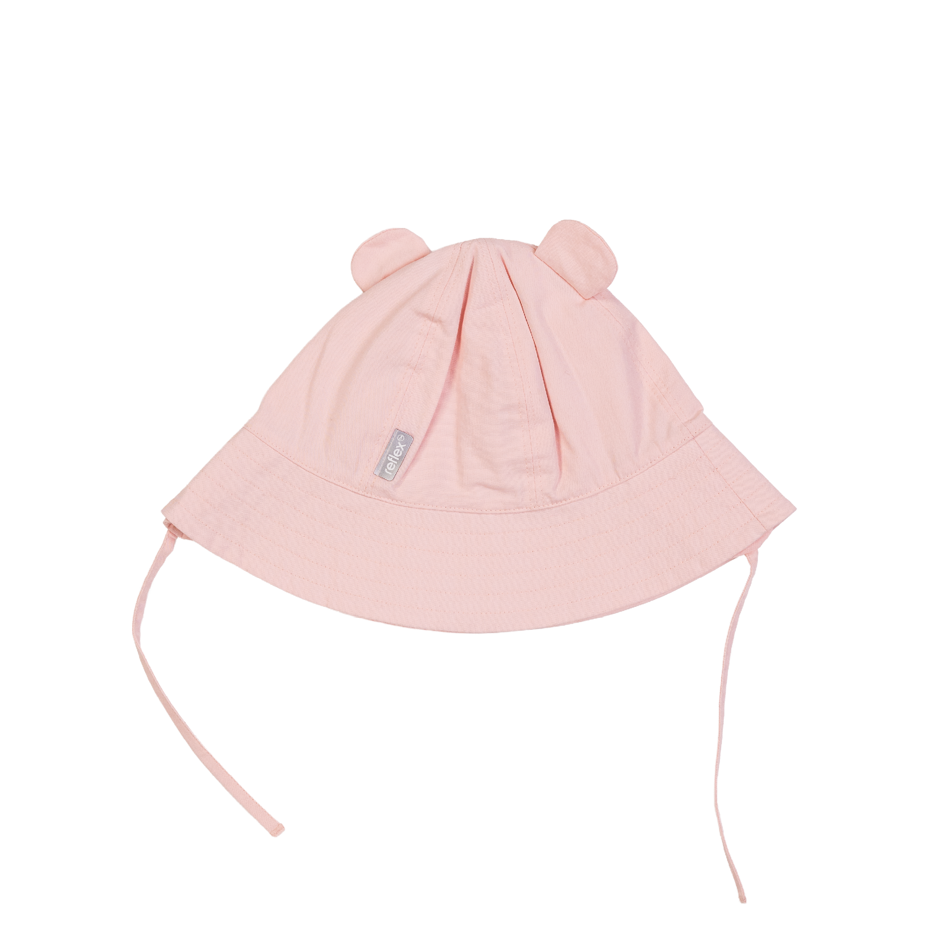 Lys rosa baby solhatt med bjørneører og knytebånd, forfra.