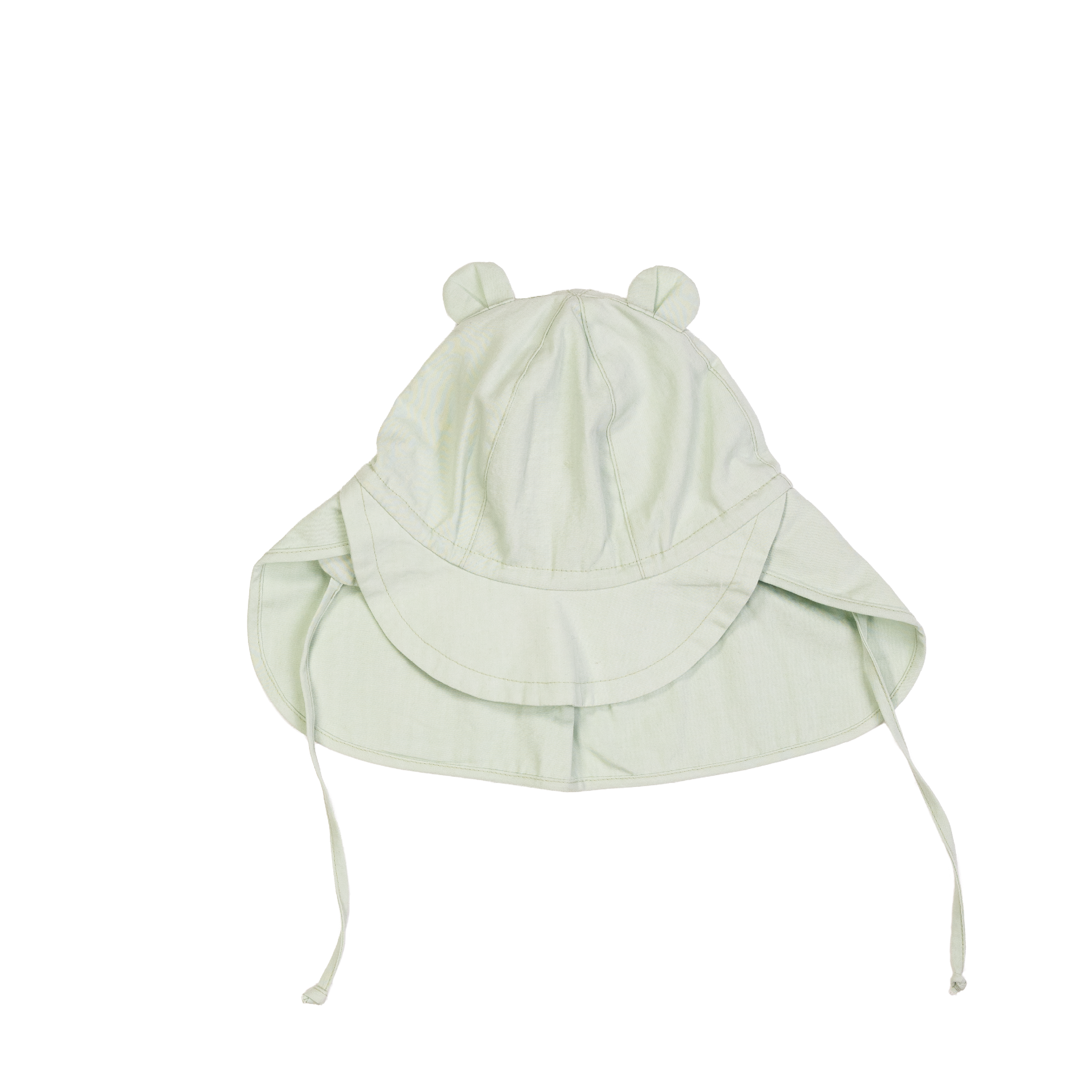 Lysegrønn babysolhatt med ører, nakkeflapp og knytebånd.