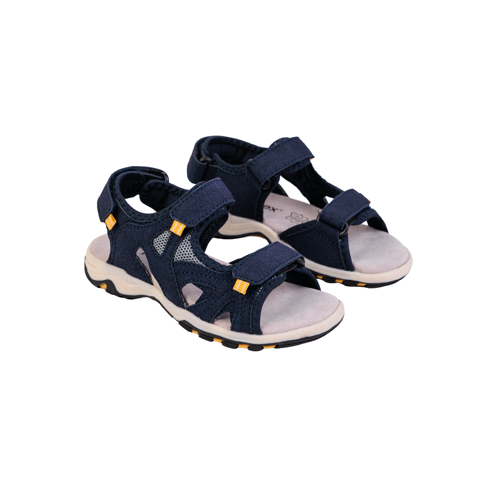 To marineblå barnesandaler med borrelåsremmer, lysegrå innersåler og gule såleaksenter.