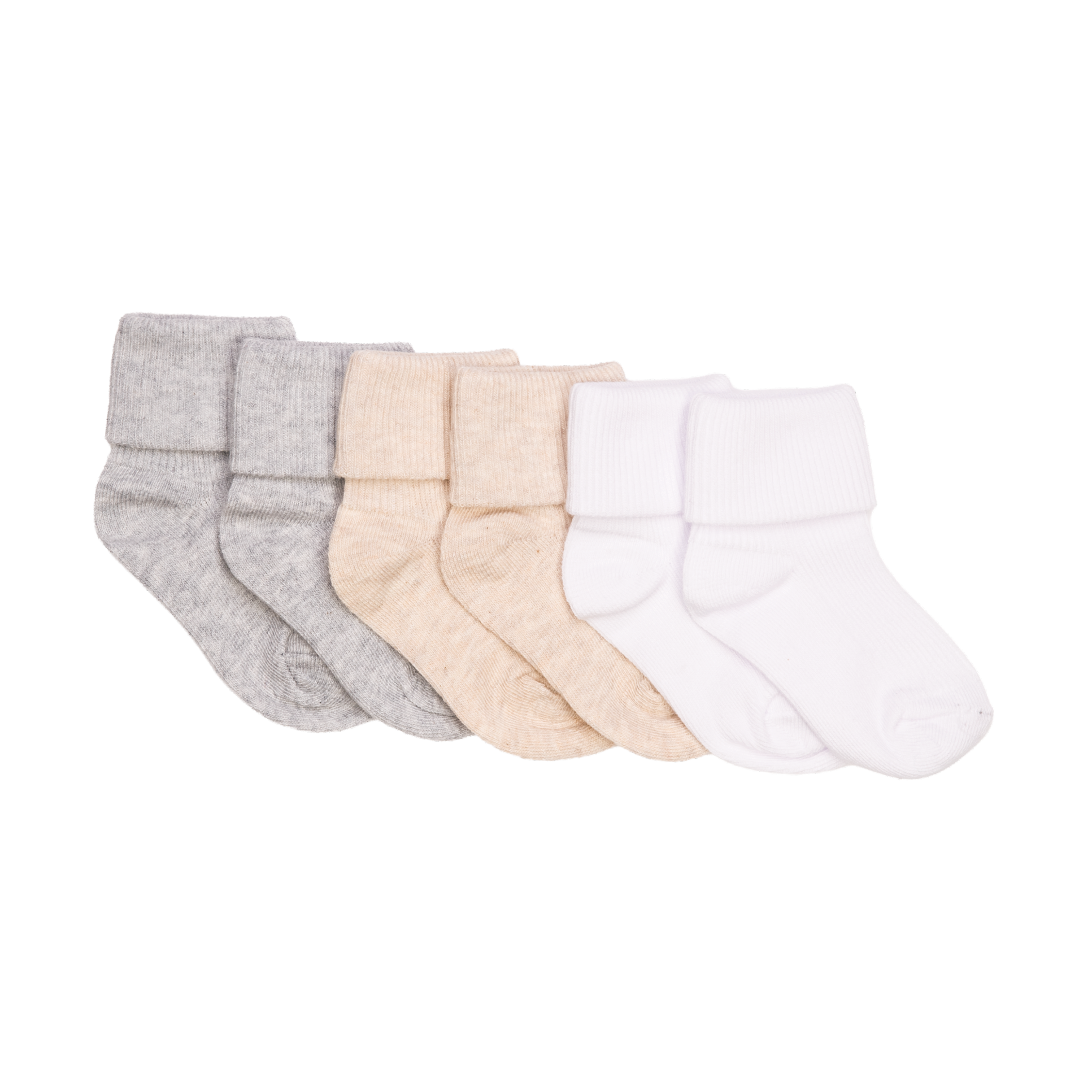 Fem par babyankelsokker med oppbrettet mansjett i lys grå, lys beige og hvit.