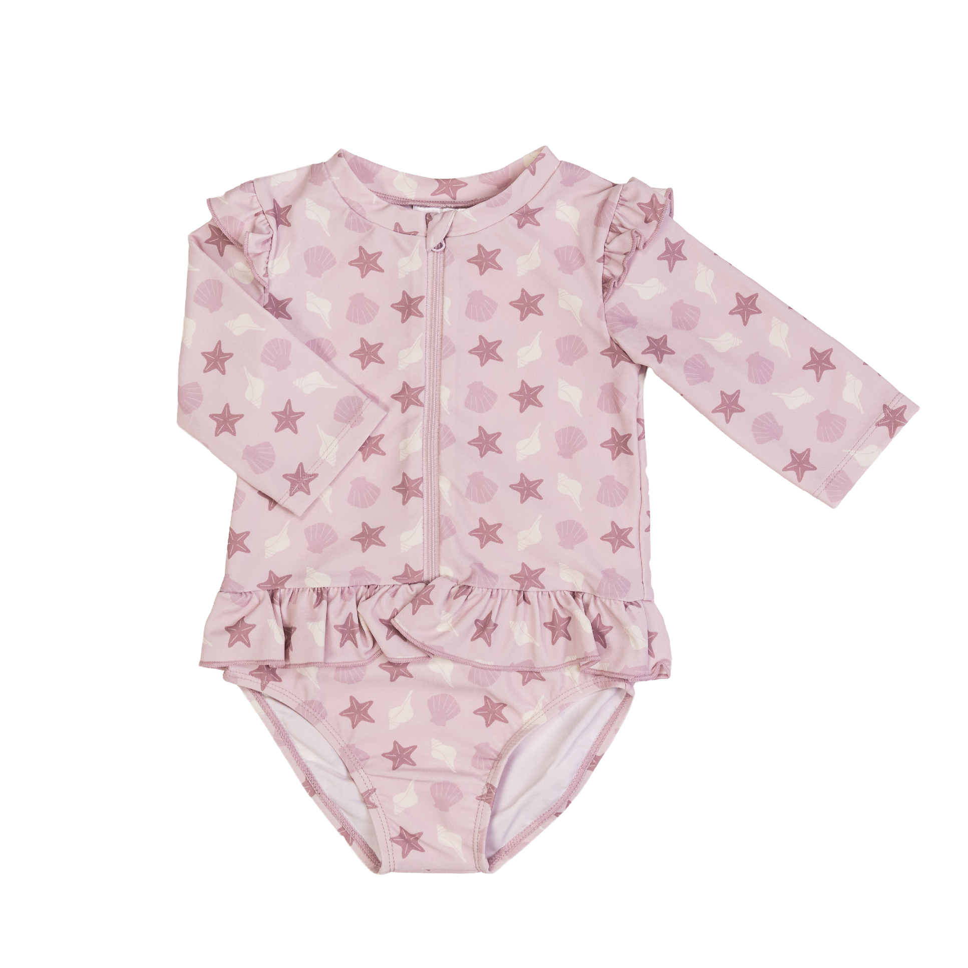 Rosa langermet badedrakt for barn med sjøstjerne- og skjellmønster, glidelås foran og rysjer.