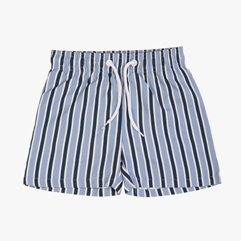 Lysblå, marineblå og hvitstripete badeshorts med elastisk midje og hvit snøring.
