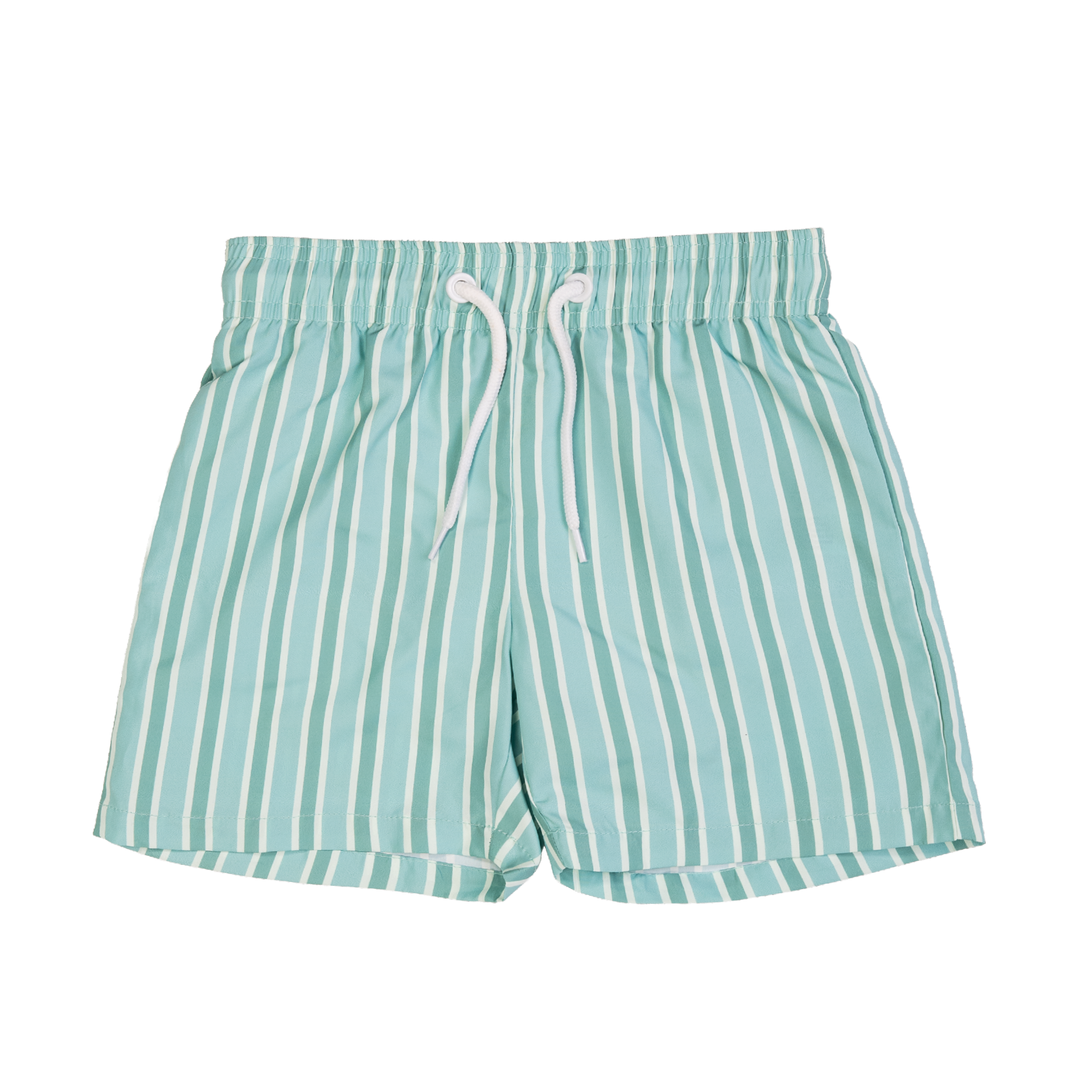 Herresvømmebukse i lys turkis med hvite vertikale striper og elastisk linning med hvit snøring.