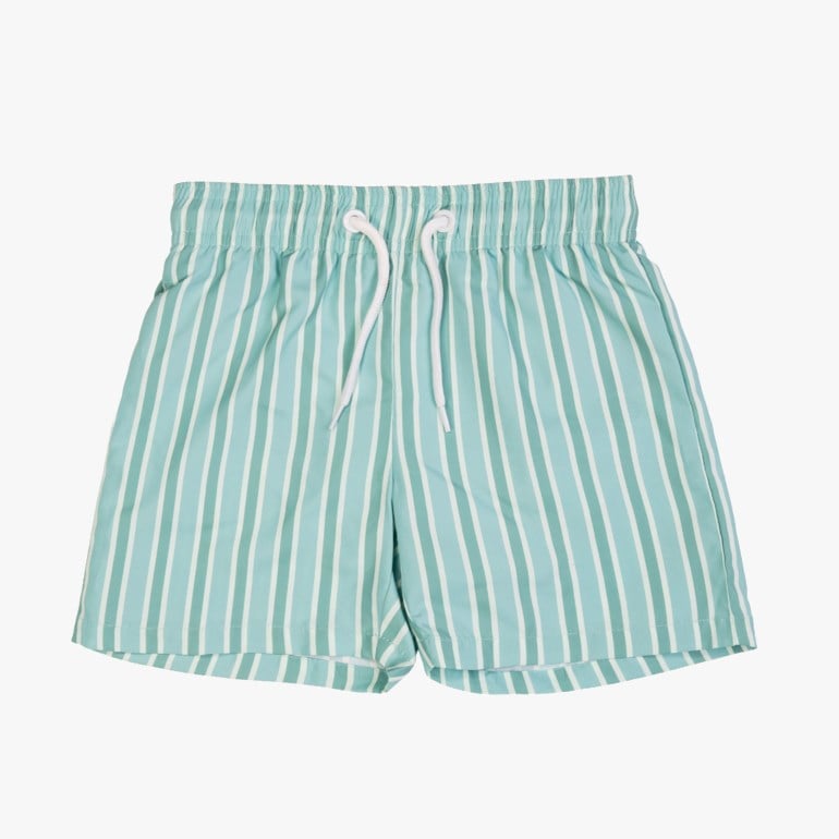 Herresvømmebukse i lys turkis med hvite vertikale striper og elastisk linning med hvit snøring.