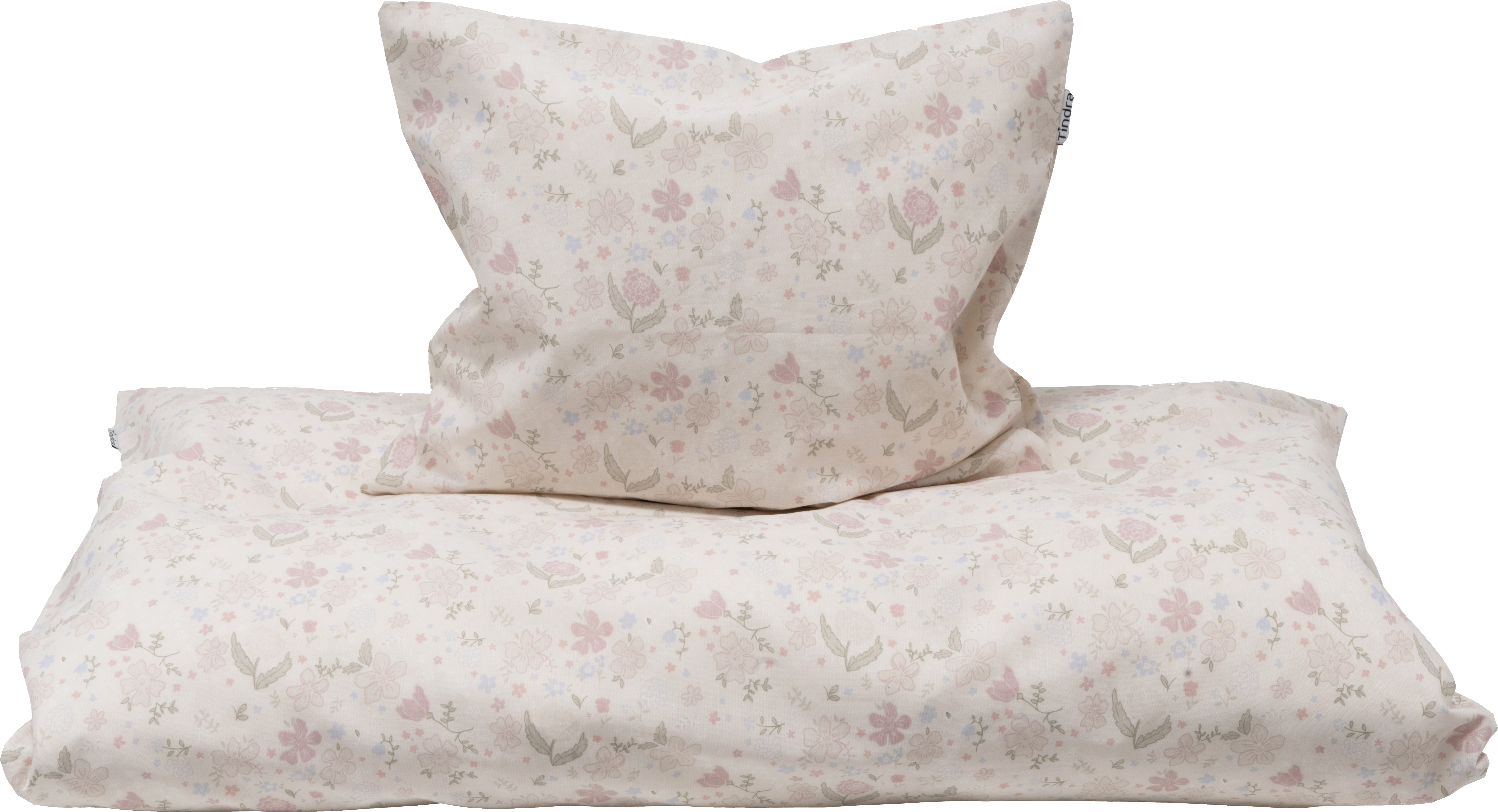 Kremfarget sengetøysett med delikat rosa og blått blomstermønster, inkludert et dynetrekk og putevar.