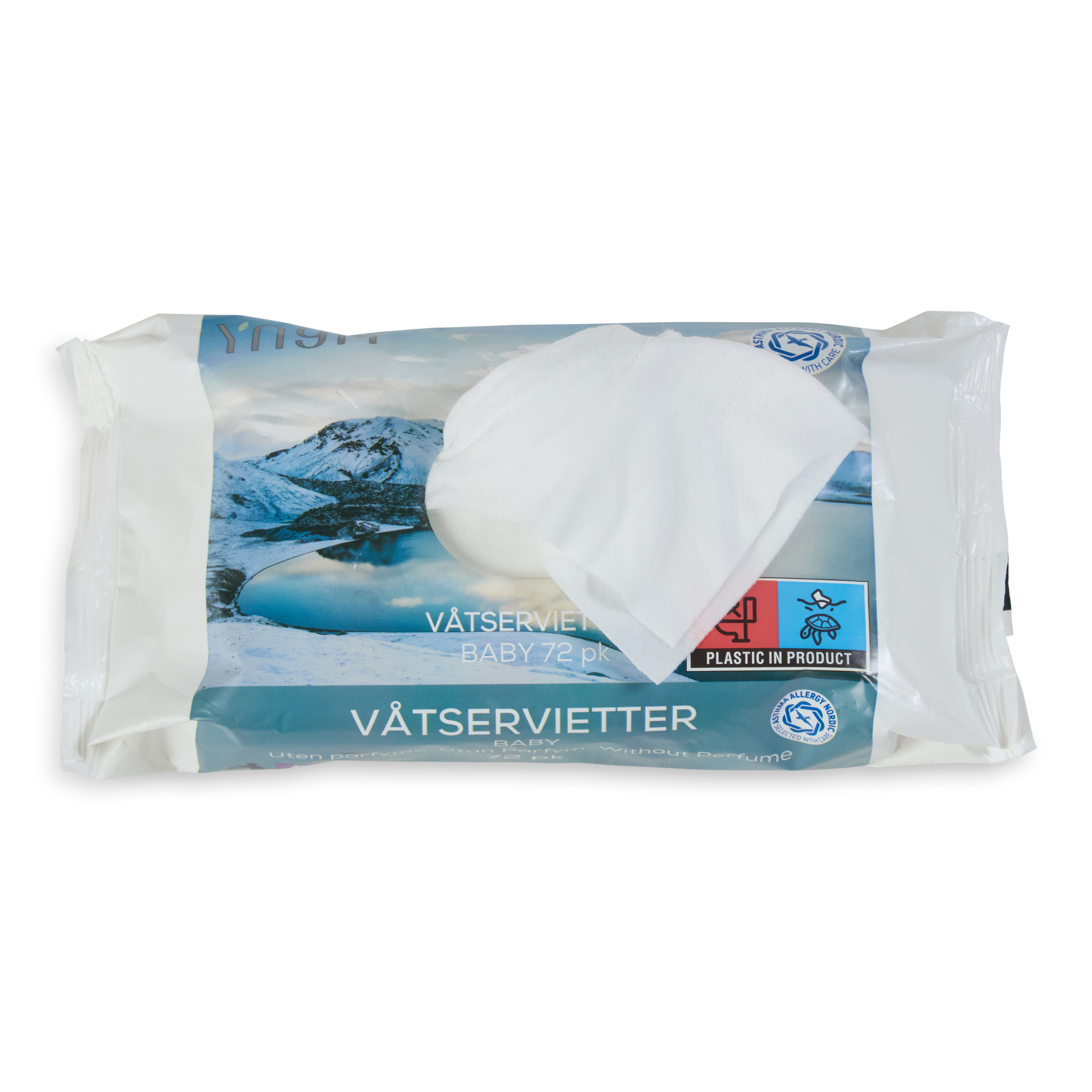 Hvit pakke baby våtservietter, 72 stk, med en utdratt våtserviett, viser allergi- og plastmerker.