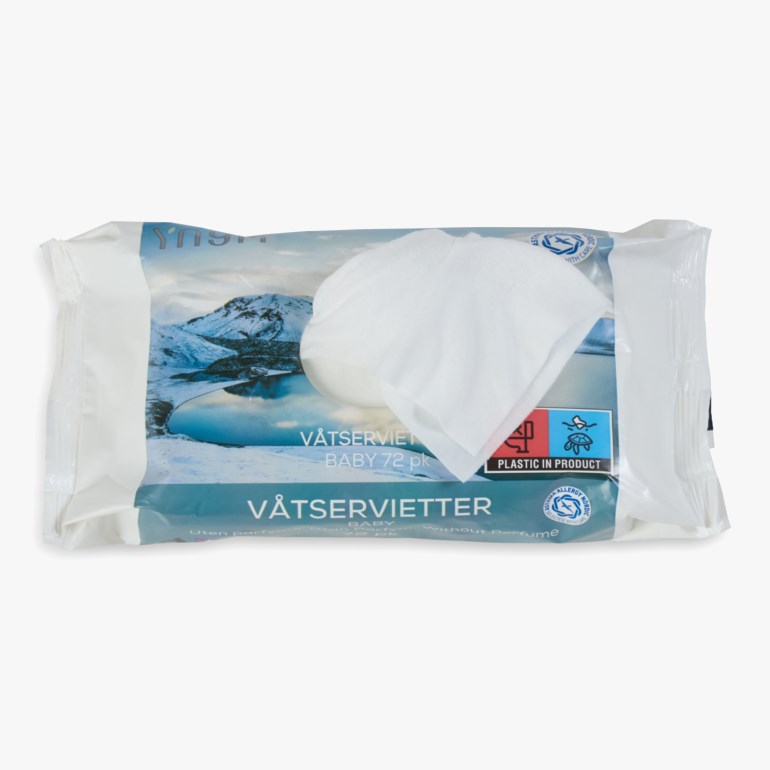 Hvit pakke baby våtservietter, 72 stk, med en utdratt våtserviett, viser allergi- og plastmerker.