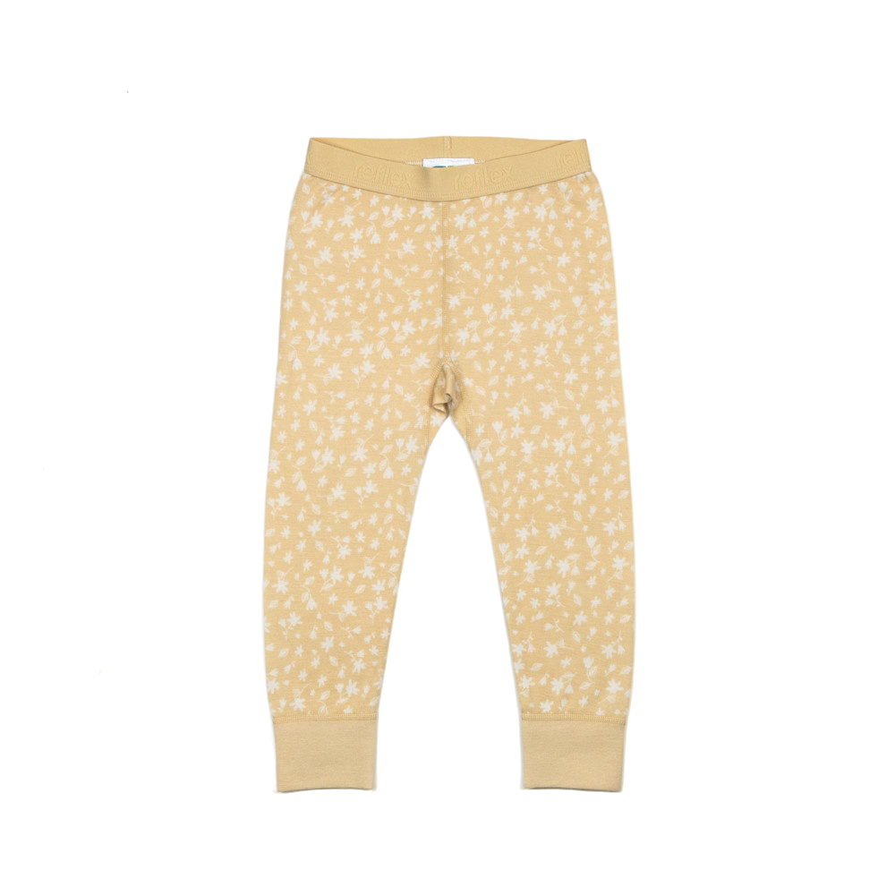 Barnes beige leggings med blomstermønster, ribbekanter og 'reflex' tekst på midjebåndet, forfra.