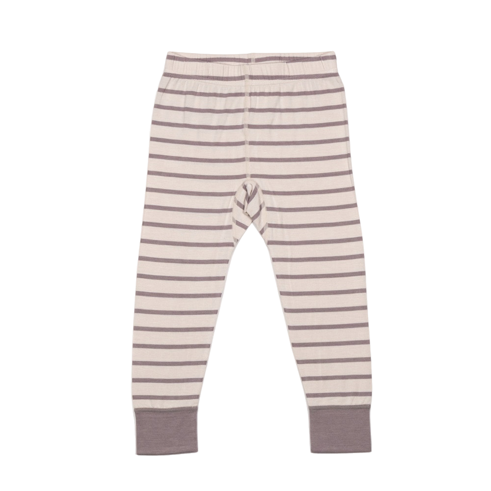 Forfra, barns beige og mørkegråstripete leggings med elastisk linning og mansjetter ved anklene.