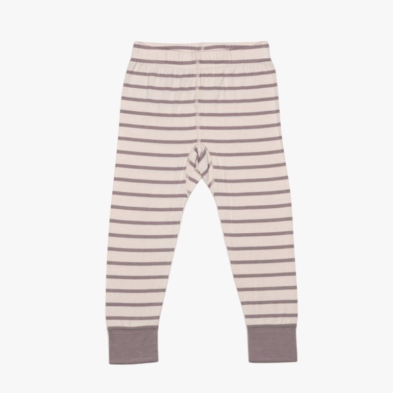 Forfra, barns beige og mørkegråstripete leggings med elastisk linning og mansjetter ved anklene.