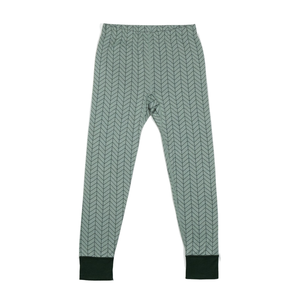 Barns salviegrønne fiskebeinsmønstrede leggings med mørkegrønne mansjetter.