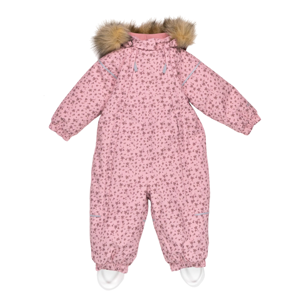 Rosa mønstret babyheldress med fuskepelskantet hette, refleksstriper og fotløkker, forfra.