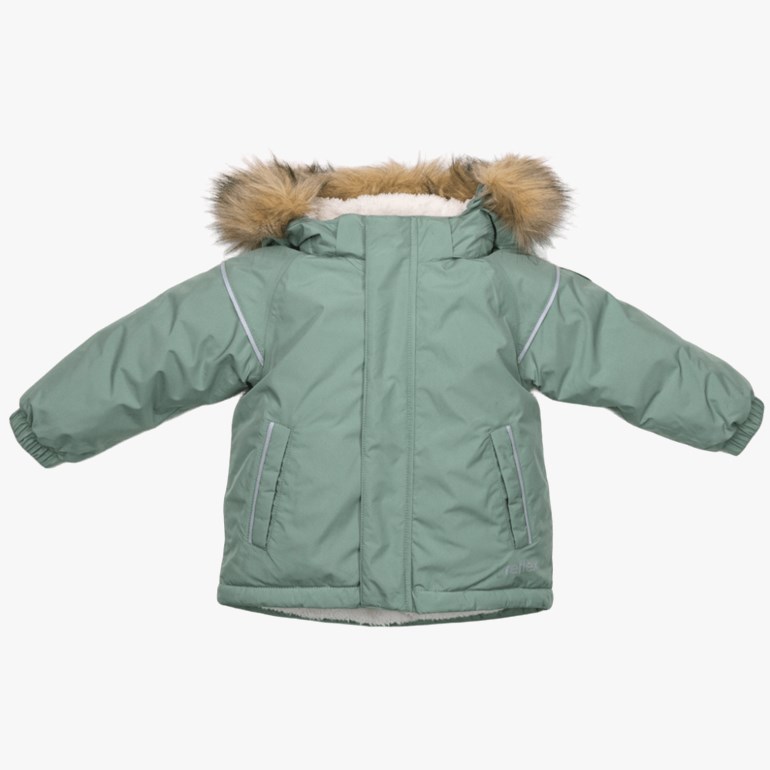Front, en lysegrønn vinterjakke for barn med hette med brun fuskepels og refleksdetaljer.