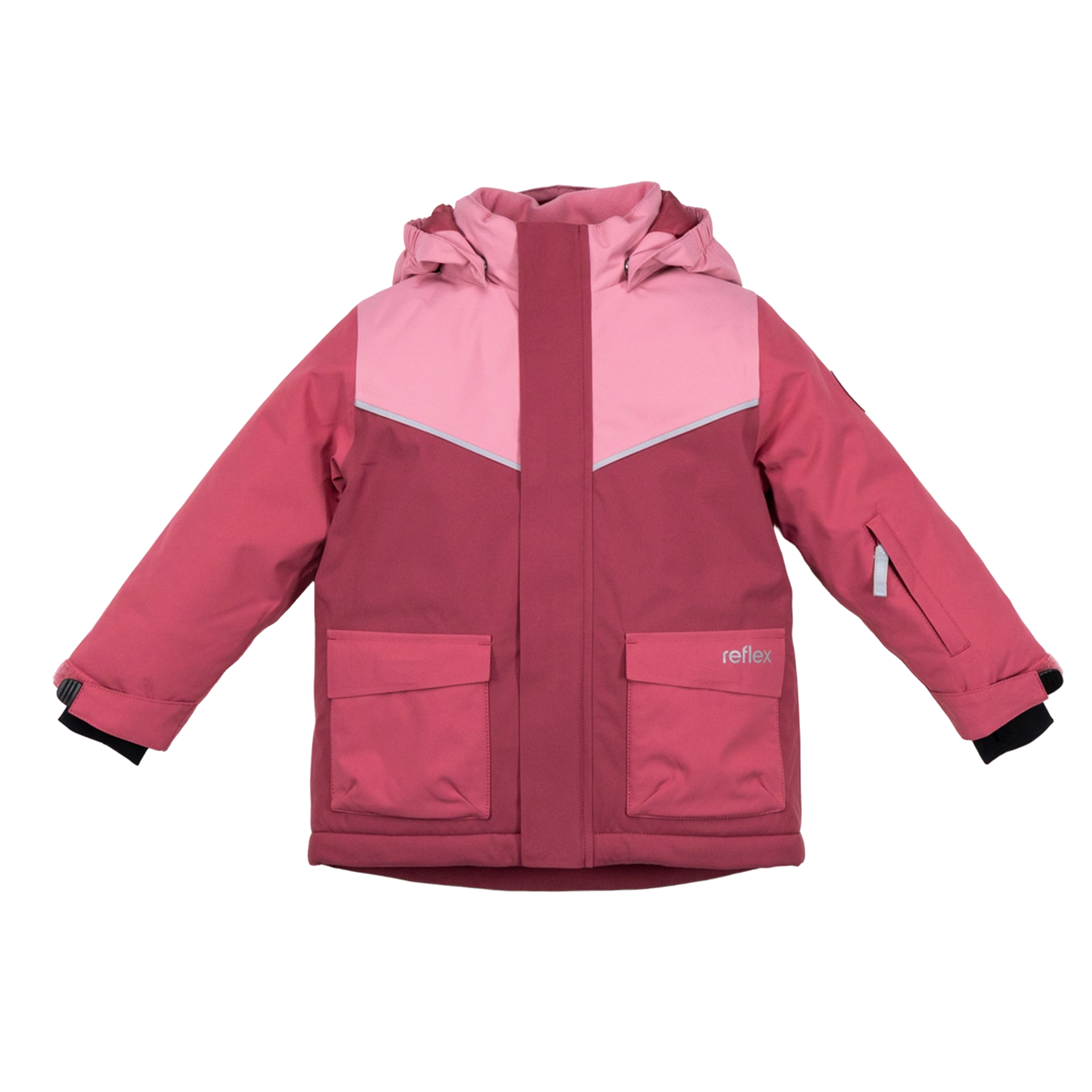 Barnehettejakke i tofarget rosa med refleksstripe, frontlommer og ermelomme.