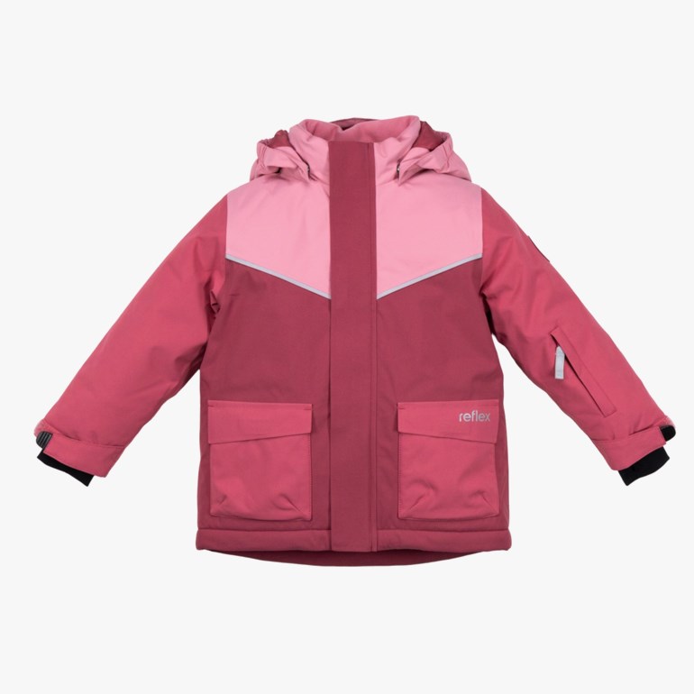 Barnehettejakke i tofarget rosa med refleksstripe, frontlommer og ermelomme.