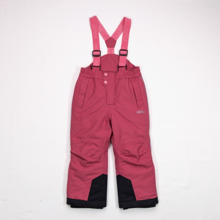 Barnas rosa skibukse med svarte knepaneler, justerbare Reflex-seler, frontlommer og knapper.