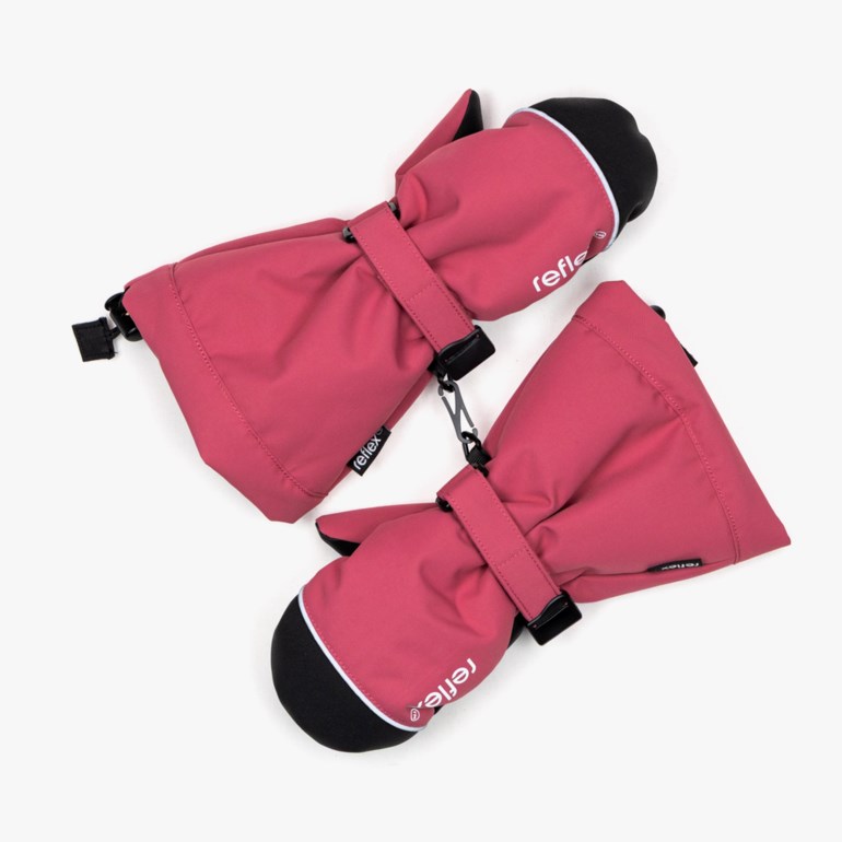 Et par rosa og svarte barnevotter med justerbare håndleddsstropper og festeklips.