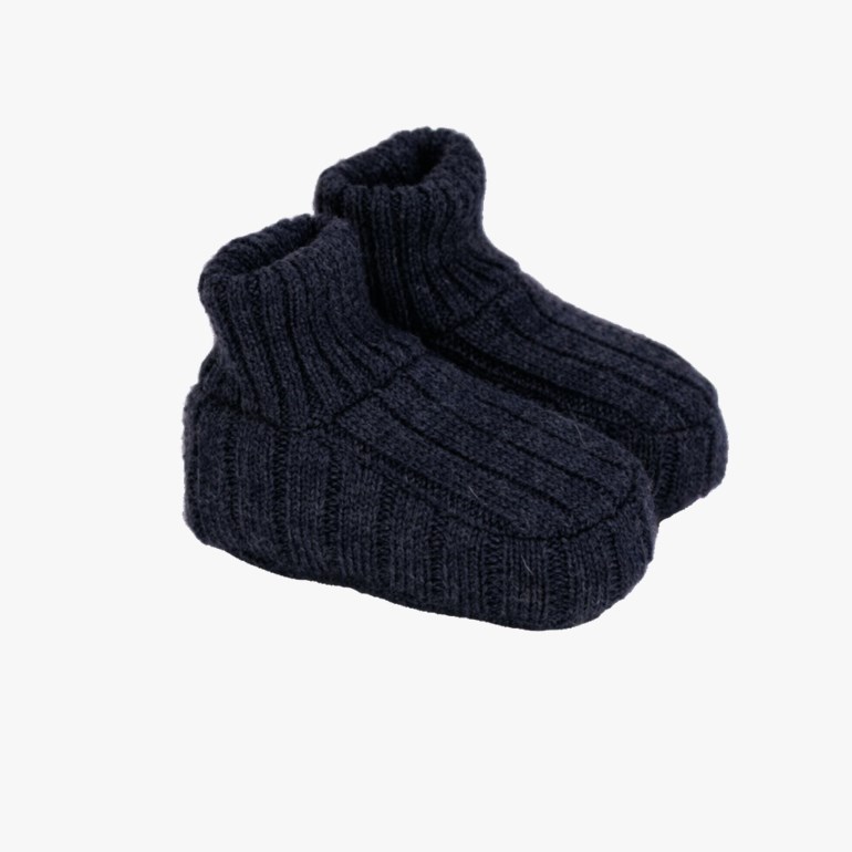 Et par mørkeblå ribbestrikkede tøfler.