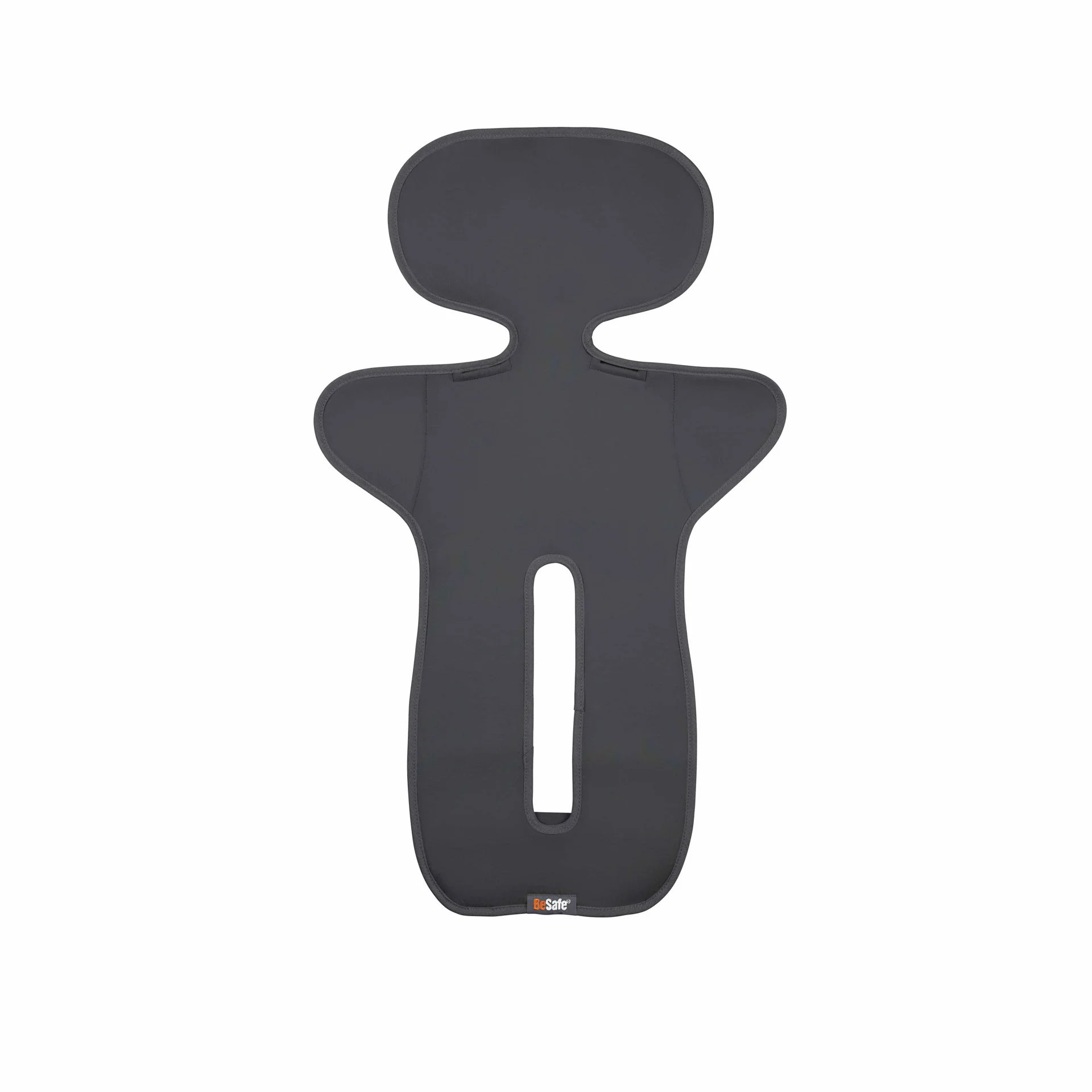 Mørkegrå babybilseteinnlegg med nakkestøtte og en sentral vertikal åpning for seler, forfra.