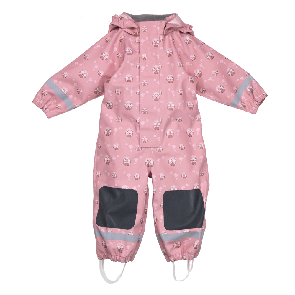Rosa barne-regndress med uglemønster, hette, refleksstriper, forsterkede knær og elastiske fotstropper.
