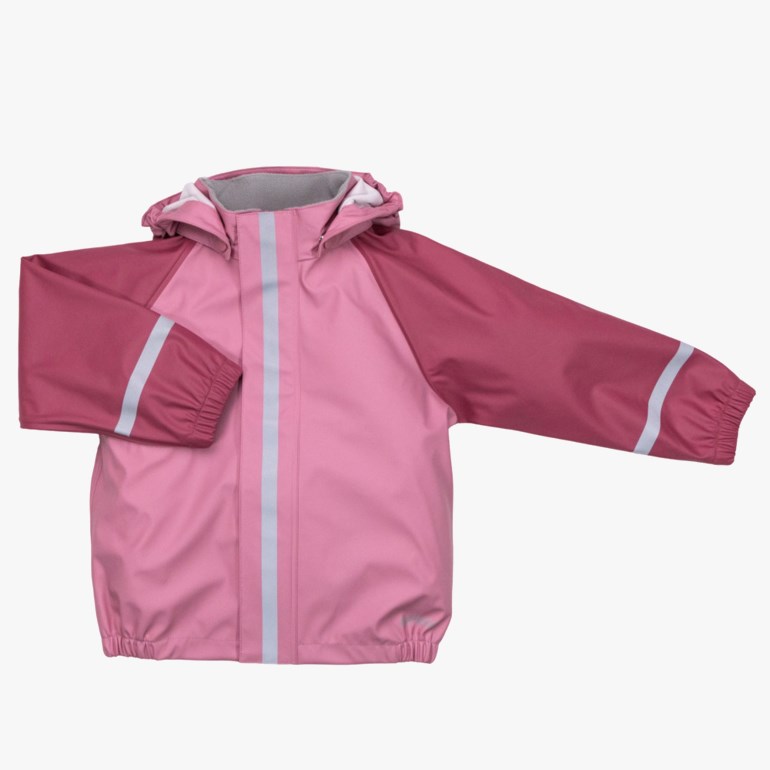 Barns tofarget rosa regnjakke med hette, reflekterende stripe foran og reflekterende striper på ermene.