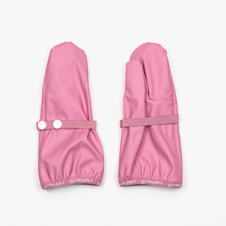 Et par rosa vanntette votter med strikk i håndleddet, trykknapper og reflekslogo på mansjettene.