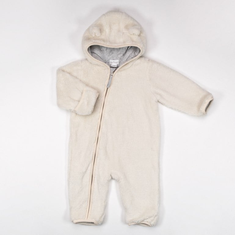 Babyens kremfargede fleece-hettegenser med bjørneører, hel glidelås og grått hettefôr.