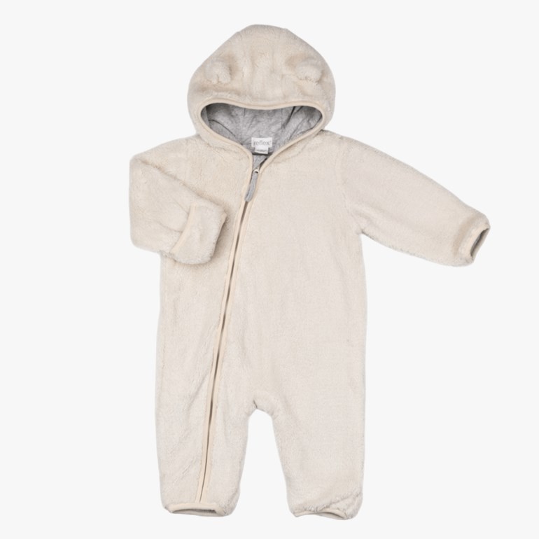 Babyens kremfargede fleece-hettegenser med bjørneører, hel glidelås og grått hettefôr.