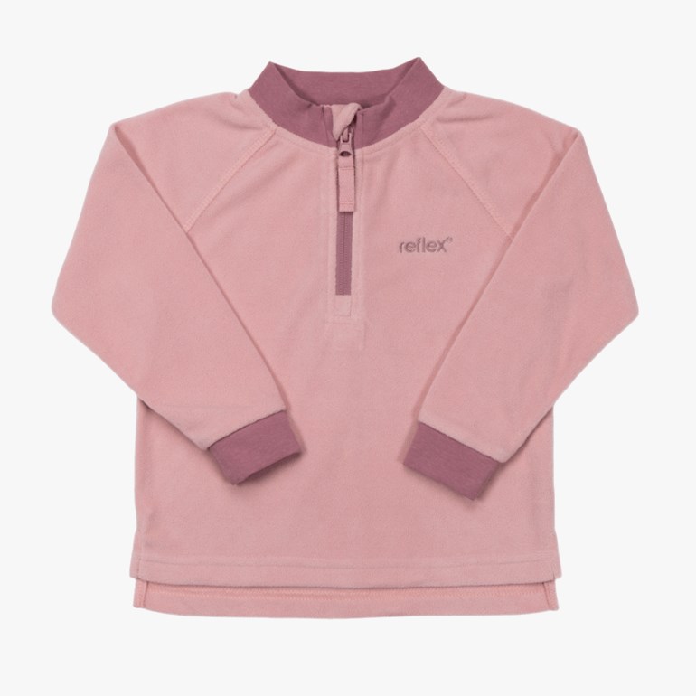 Rosa fleece langermet genser med halv glidelås, ståkrage, mørkere rosa mansjetter og nederkant.