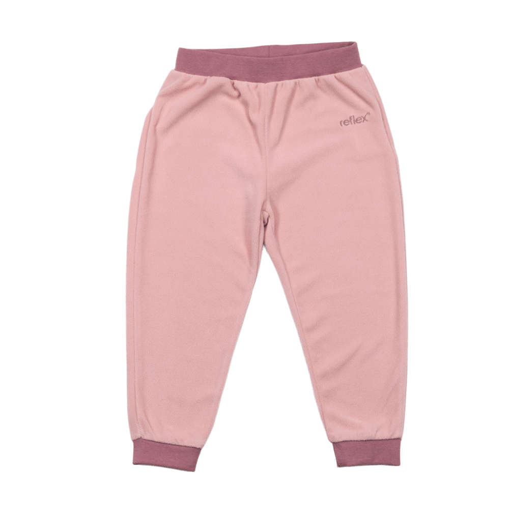 Barne rosa fleecebukser med lilla elastisk linning og mansjetter, forfra.
