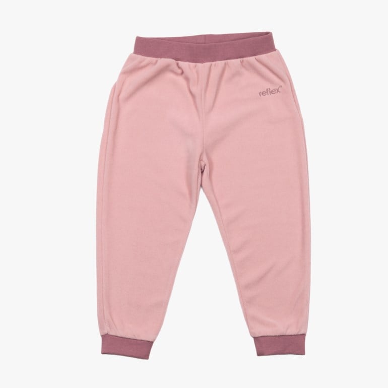 Barne rosa fleecebukser med lilla elastisk linning og mansjetter, forfra.