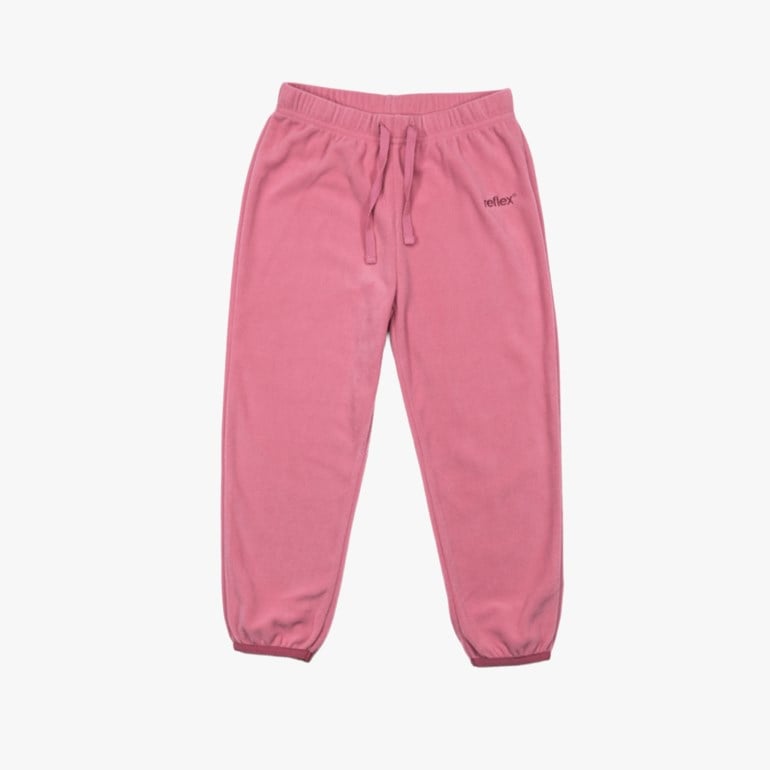 Rosa fleece-joggebukser med snøring i midjen og elastiske mansjetter, med en diskret 'reflex'-logo, sett forfra.