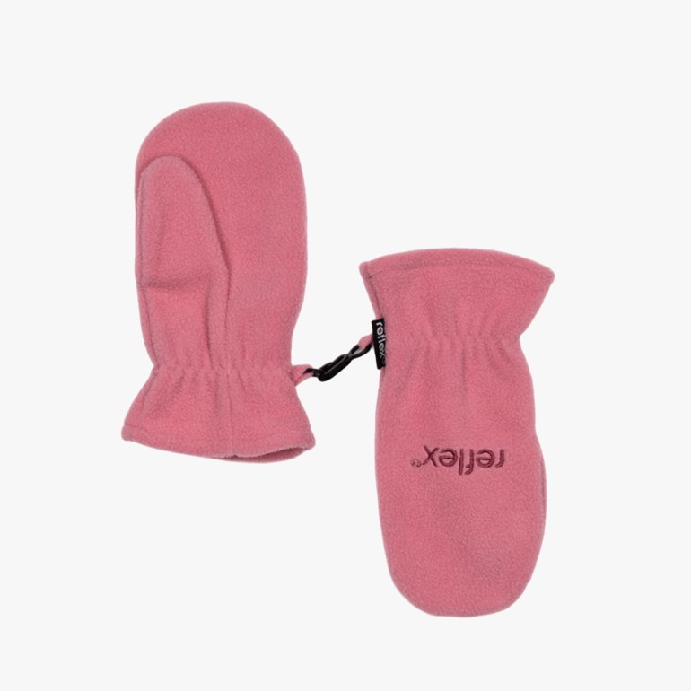 Et par rosa fleecemittens forbundet med en svart stropp, med elastiske mansjetter.