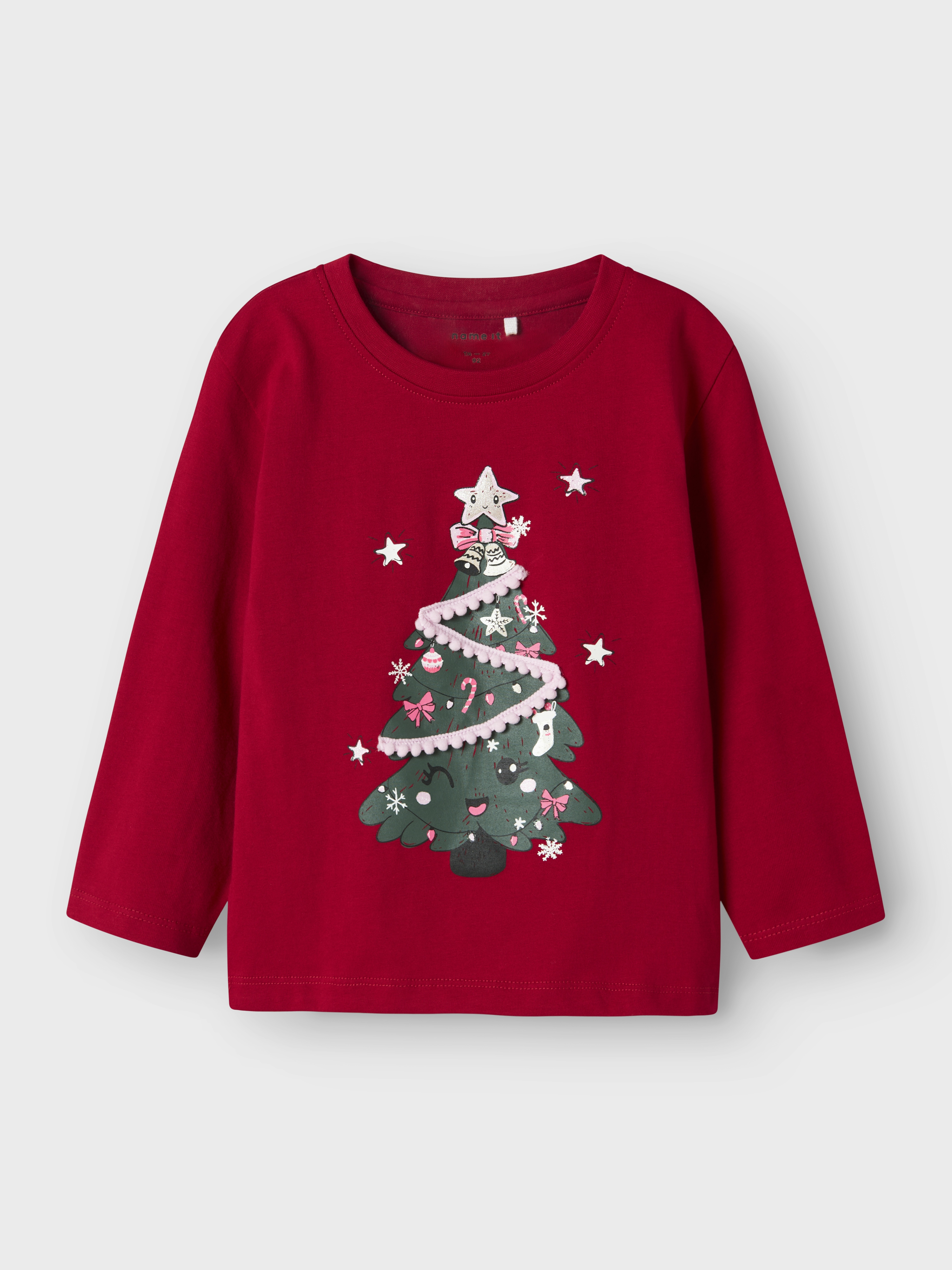 Rød langermet barnets t-skjorte med tegnet juletregrafikk med stjerne, sløyfer og snøflak.