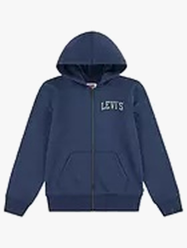 Mørkeblå hettejakke med glidelås for barn, hvit 'LEVIS'-logo på brystet og kengurulomme, forfra.