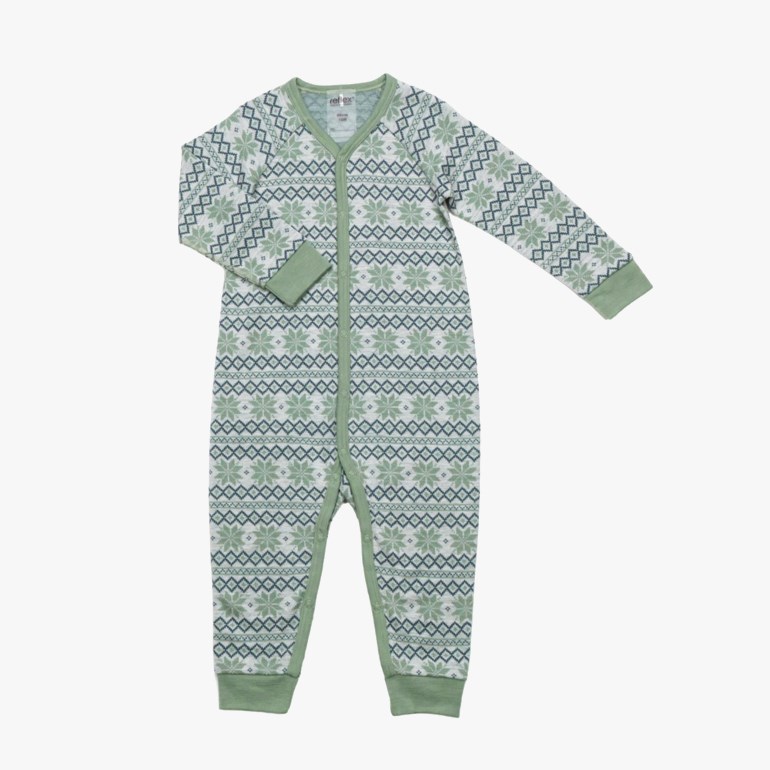 Babys grønn- og gråmønstret langermet sparkedress med glidelås foran og grønne mansjetter.