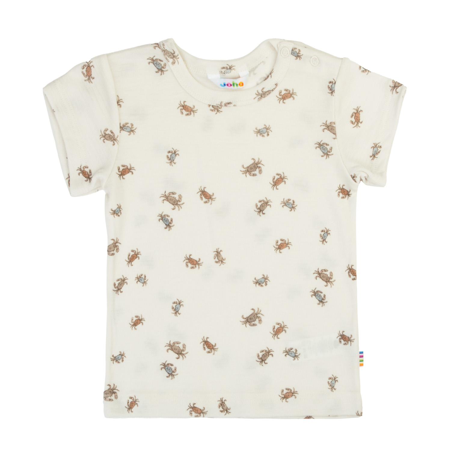 Kremfarget baby t-skjorte med flerfarget krabbetrykk, rund hals og trykknapper på skulderen.