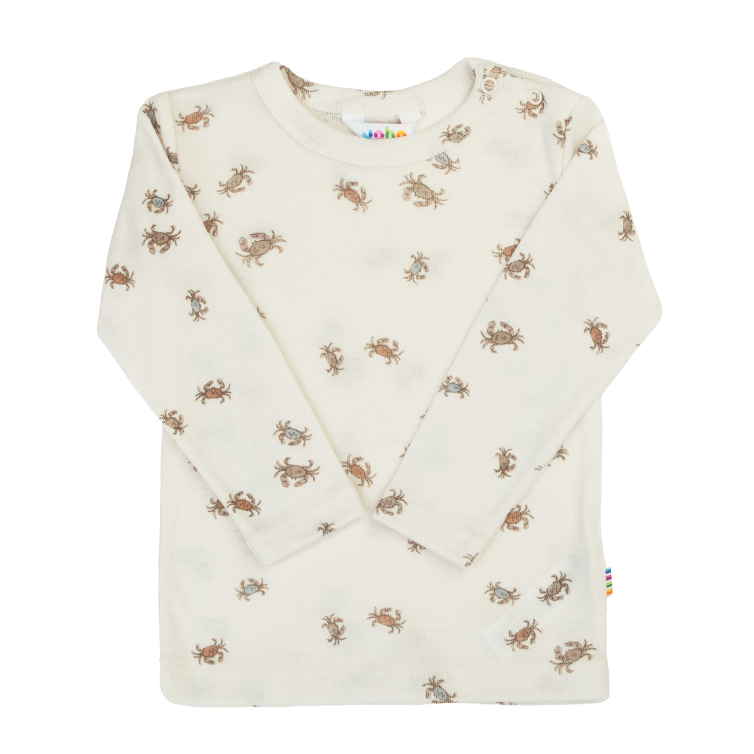 Barns kremfargede langermede topp med heldekkende krabbemønster, brettet forfra.