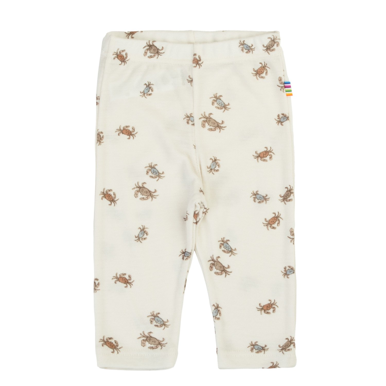 Kremfarget ribbet babybukse med heldekkende krabbemønster og flerfarget sidetagg, forfra.