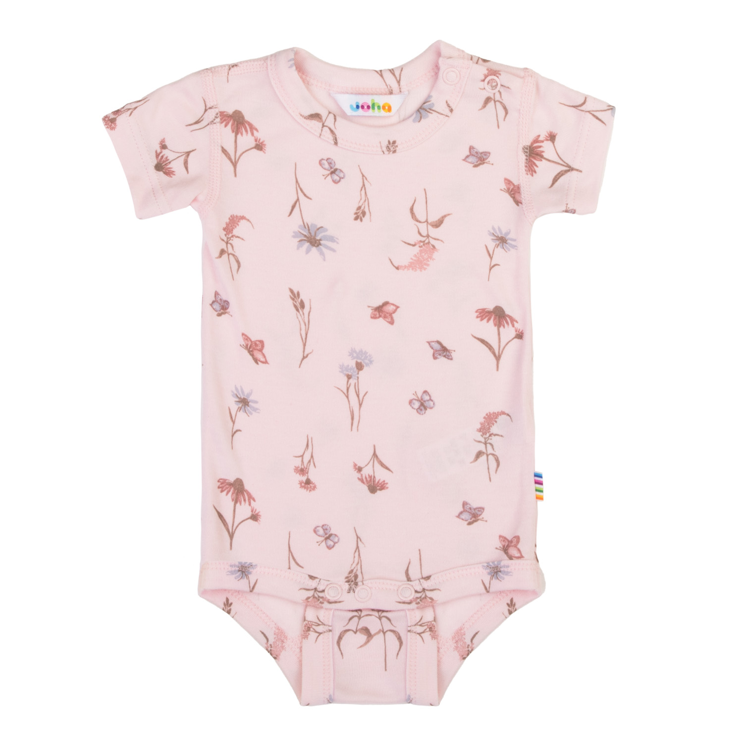 Rosa baby kortermet body med blomster- og sommerfugltrykk, rund hals og trykknapper ved skulder og skritt.