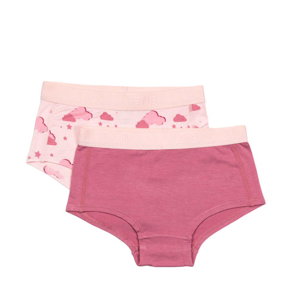 To par barneunderbukser: en ensfarget rosa og en lys rosa med sky- og stjernemønster.