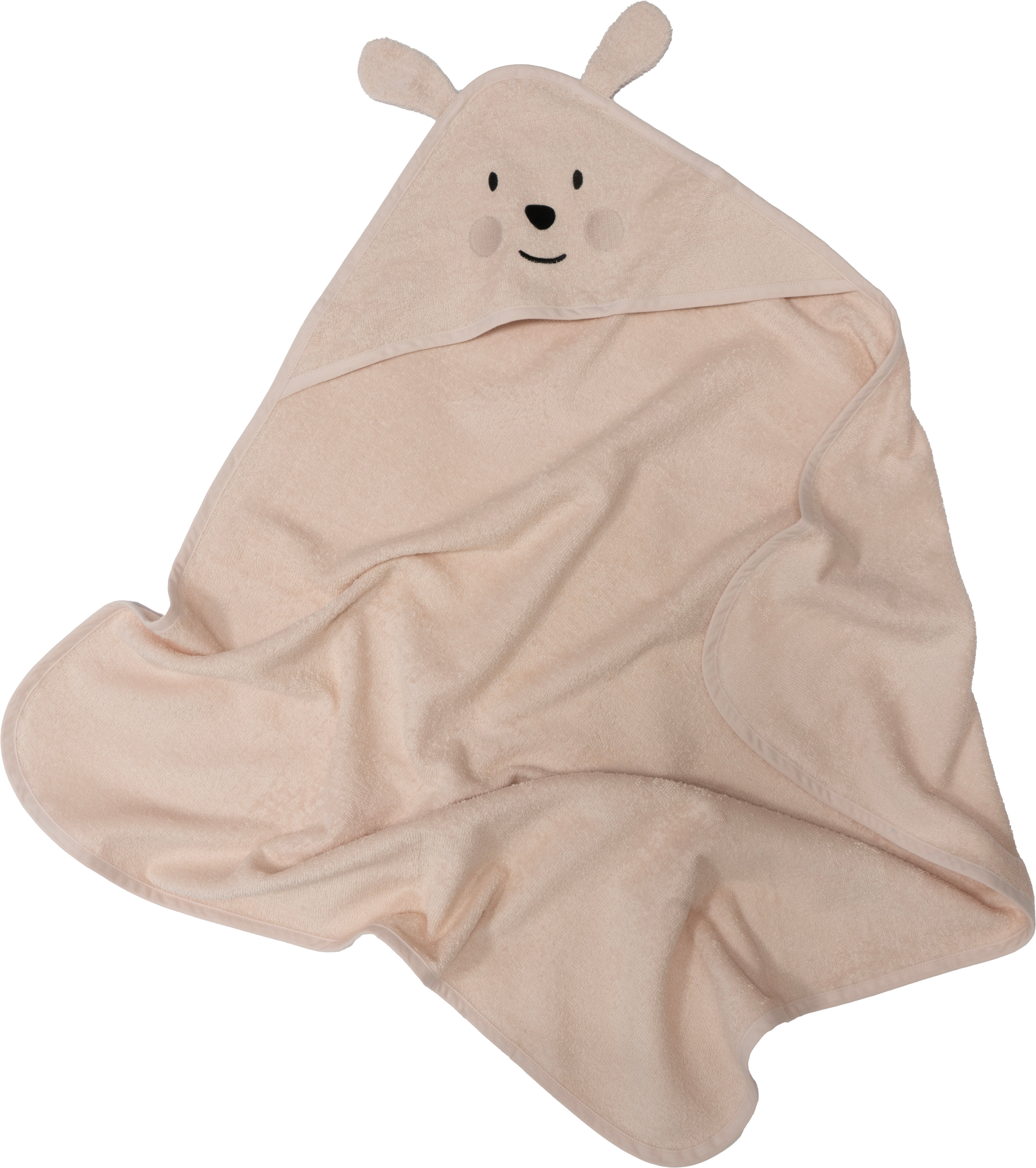 Lys rosa frotté badehåndkle med hette til baby, med brodert dyreansikt og små ører, lagt flatt.