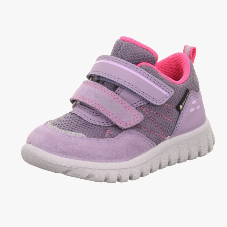 Lilla og rosa barnesko med to borrelåsbånd, overdel i mesh, semsket skinn og hvit såle.