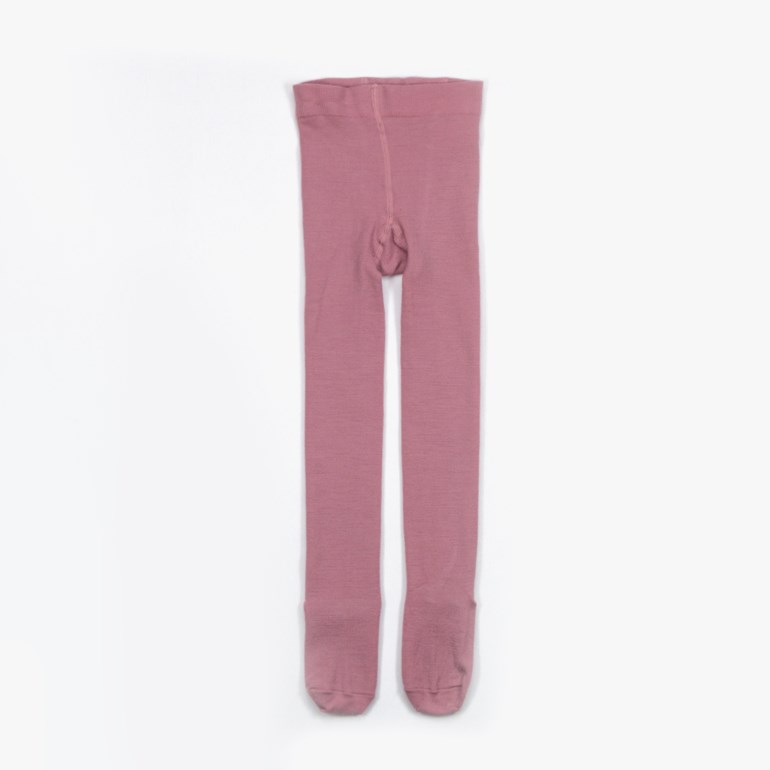Frontvisning av støvrosa strikkede barnetights med ribbestrikket linning og kile.