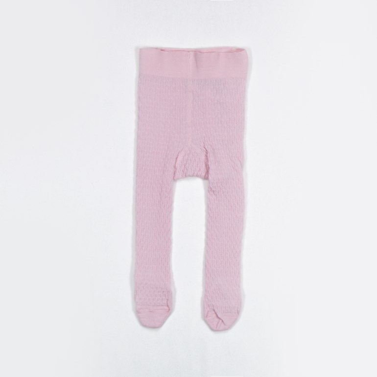 Frontvisning av rosa babystrømpebukser med teksturert strikket mønster og elastisk midje.